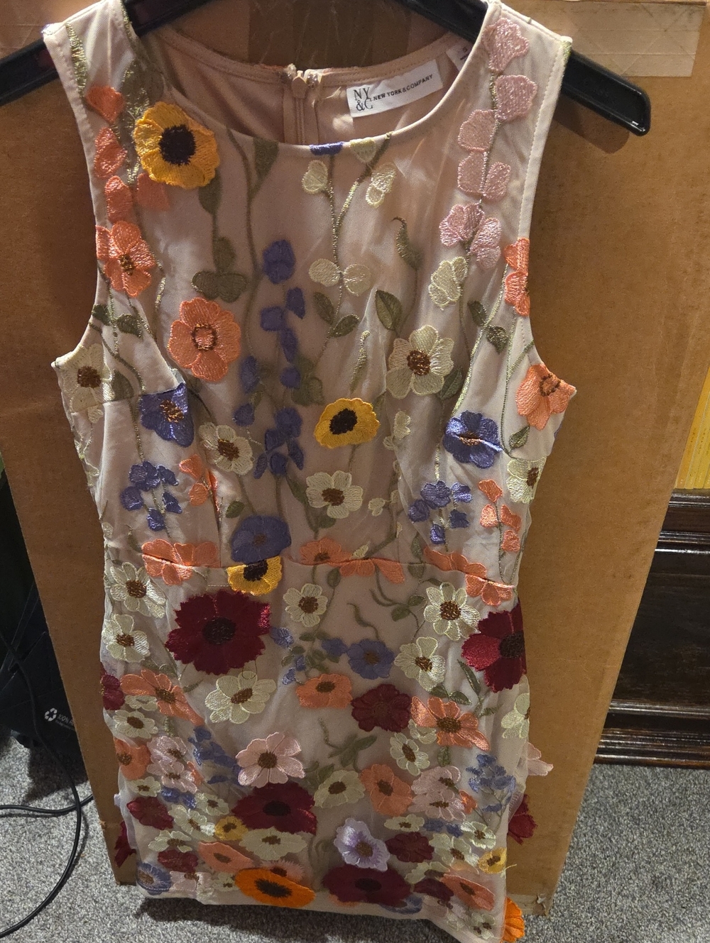 New York & Company Beige Sleeveless Floral Embroidered Mini Dress